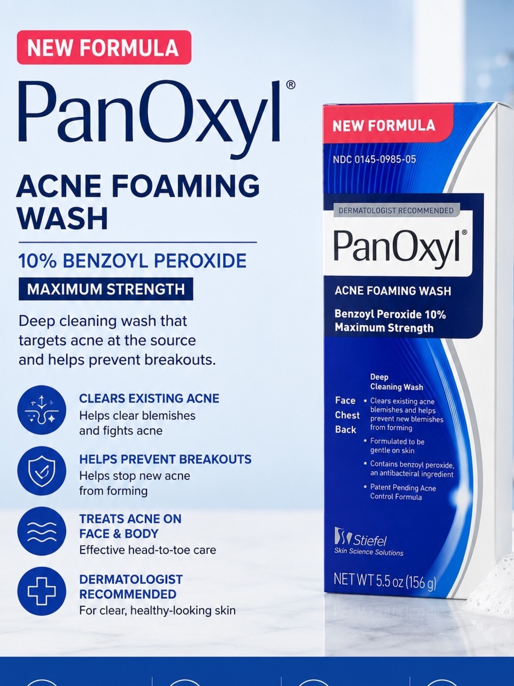 Panoxly Acne Foaming Wash 10% Benzoyl Peroxide – White & Blue